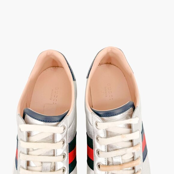 Gucci Ace Web Stripe Sneaker EU 38.5 US 8.5 Metallic Silver Leather Low Top Shoe - Picture 4 of 12
